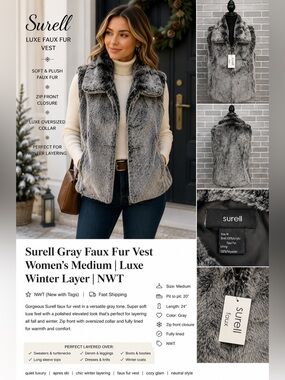 Surell Gray Faux Fur Vest NWT Women’s Medium Luxe Zip Front Winter Layer‎